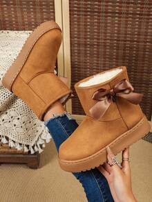Solid Color Faux Suede Platform Ankle Snow Boots With Satin Bow Decor Fuzzy Lining For Women - Camel - View 1