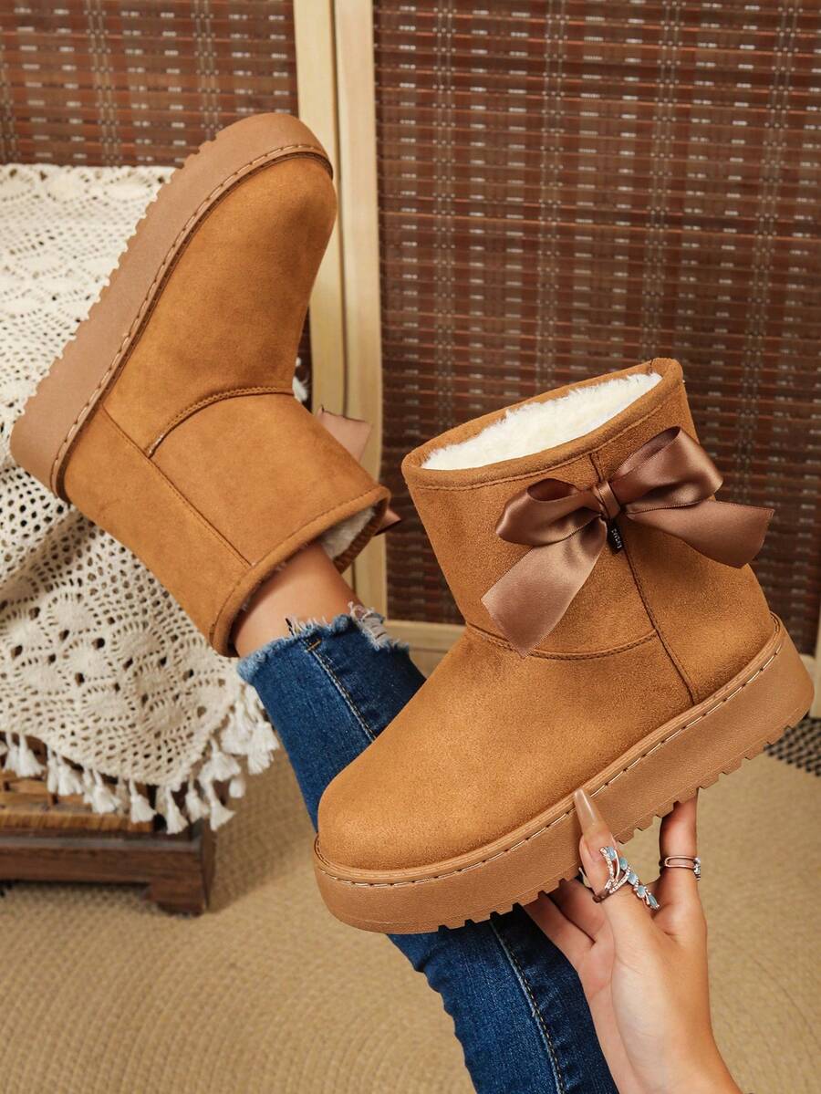 Solid Color Faux Suede Platform Ankle Snow Boots With Satin Bow Decor Fuzzy Lining For Women - Camel - View 1