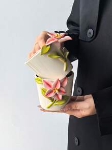 1pc Exquisite Hand-Sculpted Ceramic Coffee Mug, INS Style Highly Attractive 3D Embossed Pink Lily Coffee Cup, Aesthetic Healing Mug, Personalized Saudi National Day Gift, Ramadan, New Year Gift, Commercial Use - Multicolor - View 9