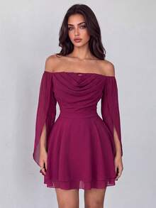 Women's Cold Shoulder Backless Chiffon Mini Dress, Long Sleeve A-Line Skirt, Ruffle Hem, Suitable For Summer Vacation And Casual Elegant Occasions Party Dress - Purple - View 3