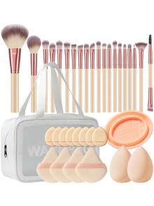 36Pcs/4pcs Beige Makeup Tool Kit 20Pcs Makeup Brushes Wash Bowl Triangle Puff Finger Puff Makeup Sponge Multi Function Cosmetic Tools Dry Wet Application - Beige - View 1