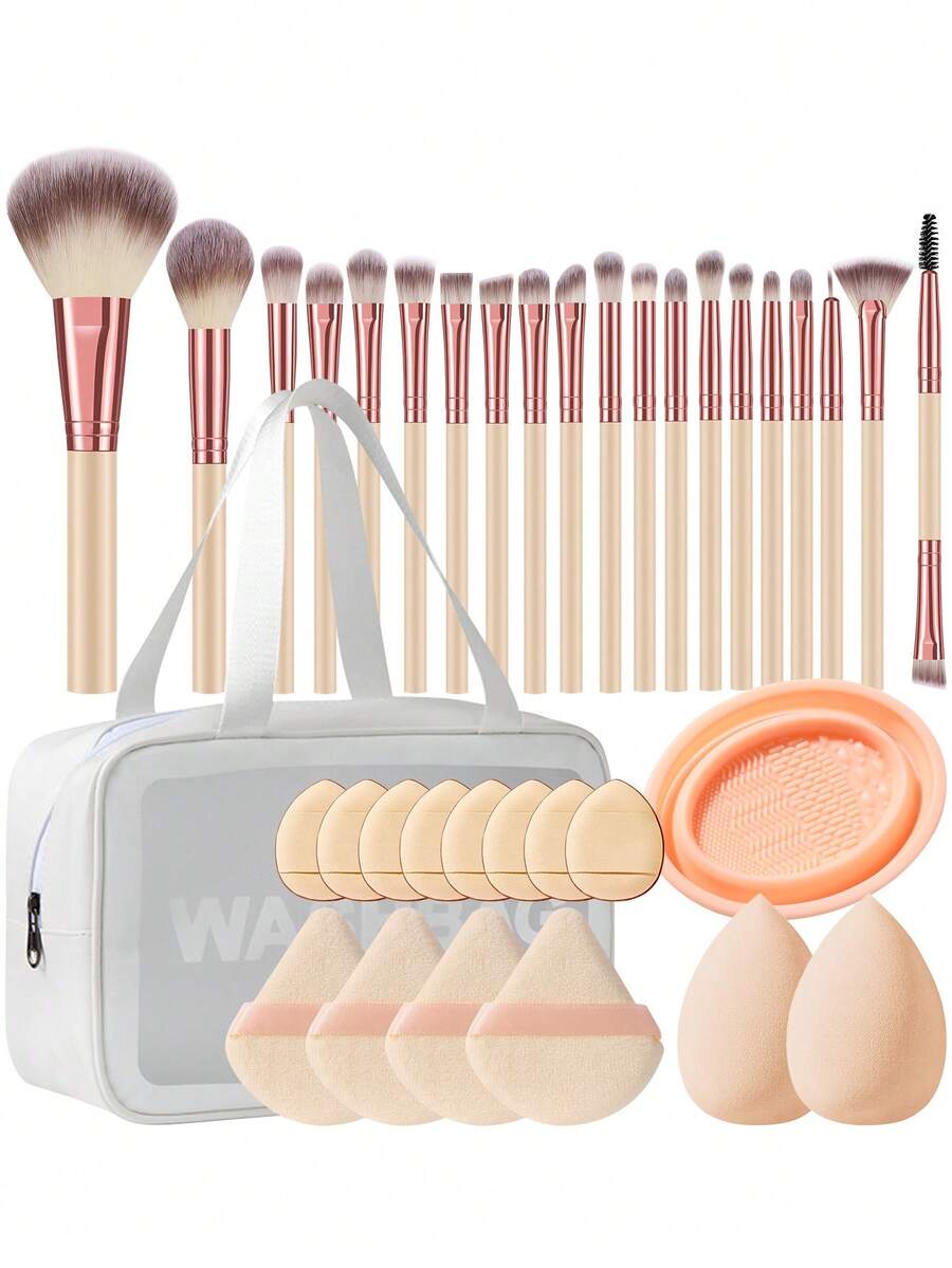 36Pcs/4pcs Beige Makeup Tool Kit 20Pcs Makeup Brushes Wash Bowl Triangle Puff Finger Puff Makeup Sponge Multi Function Cosmetic Tools Dry Wet Application - Beige - View 1