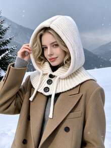 JOYLORD Women's Autumn/Winter Balaclava Hat, Acrylic Material, Solid Color Casual Warm Ear Protection Knitted Woolen Hat Shawl Integrated Pullover Cap - Multicolor - View 13