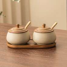 1pc/2pcs/3pcs Japanese Style Ceramic Seasoning Jar Set With Wooden Lid, Wooden Spoon And Tray, Kitchen Salt, Sugar, Pepper, Chili Powder, Chicken Powder Seasoning Bottle, Suitable For Home, Hot Pot Restaurant And More - Stoneware+Brown - View 5