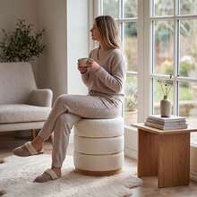 WAHSON OFFICE CHAIRS 1PC Cream Round Boucle Ottoman Upholstered Footstool With Wood Frame - Beige - View 3