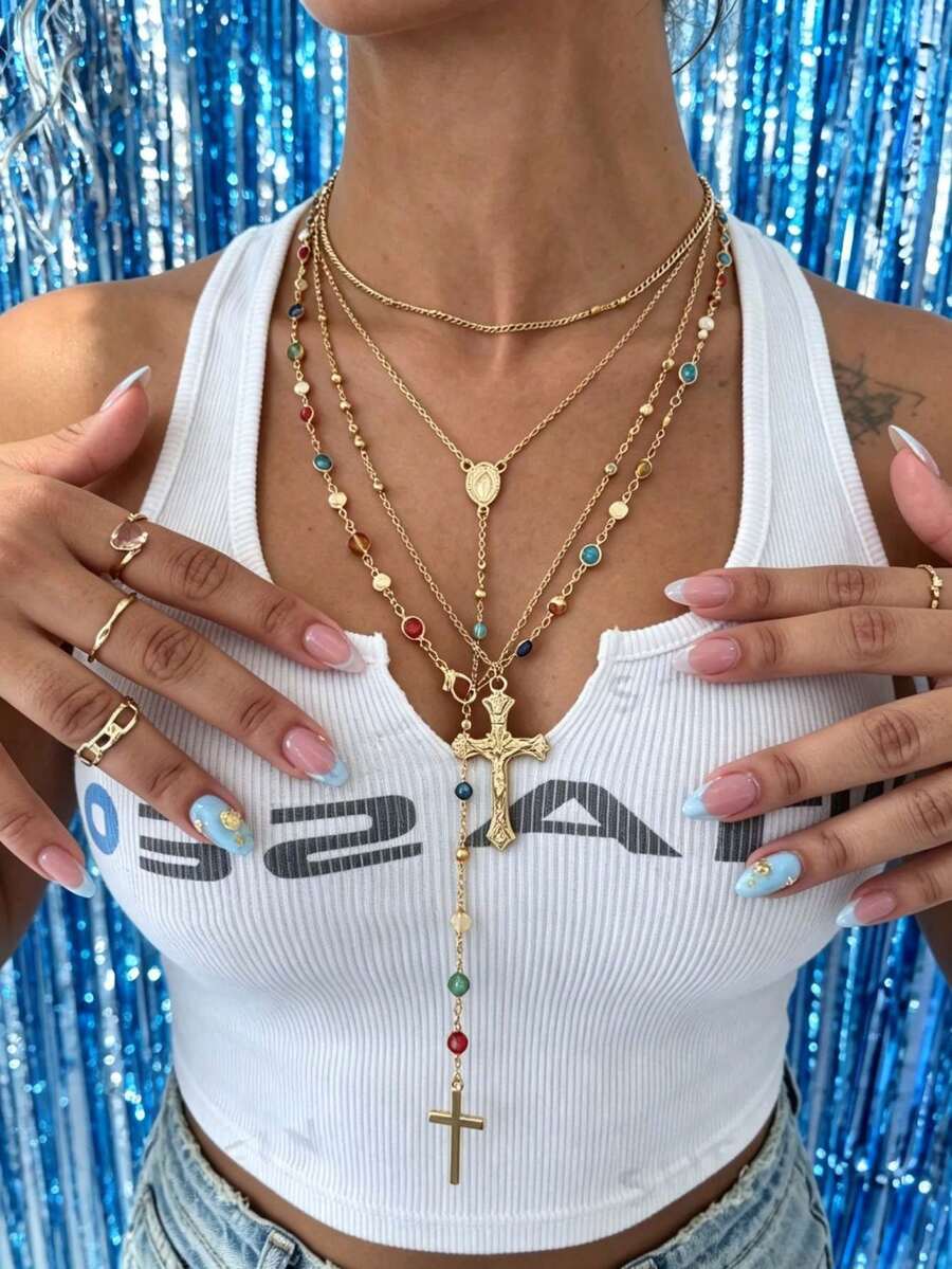 4pcs/Set Faux Gemstone Rhinestone Cross Necklace Set, Elegant Vintage, Daily Accessory For Women Summer Beach Dance Party Wear (Rhinestone Color Random) - Golden - View 1