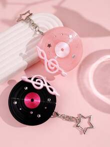 Harajuku Y2K Vintage Black & Pink Round Earphone Case Keychain, Music Film Note Earphone Storage Portable Cordless Organizer Box - Multicolor - View 2