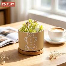 Minimalist Gingerbread Man Silhouette Ceramic Planter, 3.62X3.62X2.68 Inch Small Plant Container, Light Brown Solid Color Background, Perfect For Indoor Succulents, Desktop Greenery And Home Decor Display, Gardening Gift - A - View 7