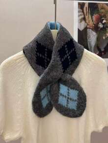 1PC Women's Casual Retro Colorblock Diamond Pattern Knitted Scarf, Versatile Warm Neck Warmer - Multicolor - View 3
