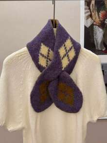 1PC Women's Casual Retro Colorblock Diamond Pattern Knitted Scarf, Versatile Warm Neck Warmer - Multicolor - View 2