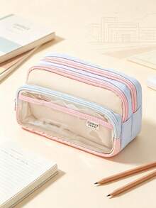 1 pieza Estuche para lápices de gran capacidad, diseño multifuncional de bloques de color, adecuado para el primer día de escuela de los estudiantes, accesorio de decoración de escritorio estético - Multicolor - Ver 4