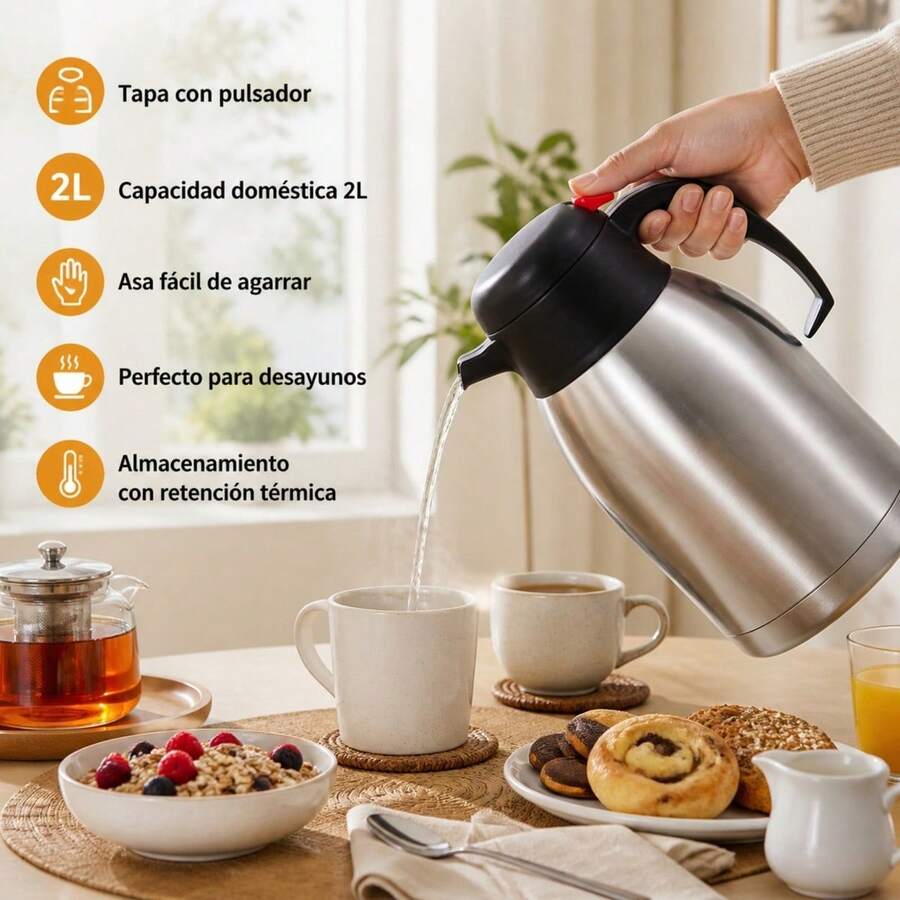 2L Stainless Steel Thermal Coffee Carafe, Double Wall Vacuum Insulated Pot With Push Button Lid And Ergonomic Handle For Long Heat Retention - Silver - View 1