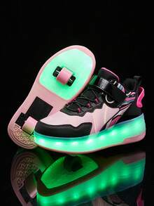 BLSART 1 Pair Kids 2-In-1 Four-Wheel LED Light-Up Roller Skates, USB Rechargeable Adjustable Outdoor Skates, Birthday Gift For Boys And Girls - Black and Pink - View 7
