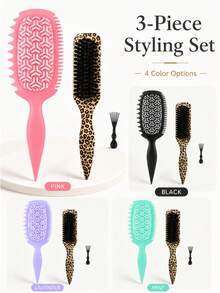 3PCS Hair Styling Brush Set, Curly Hair Detangling Brush, Wide Tooth Comb, Sectioning Tail Comb & Edge Brush Kit For Daily Hair Care, Wavy Curl Styling - Multi-color 3PC - View 1