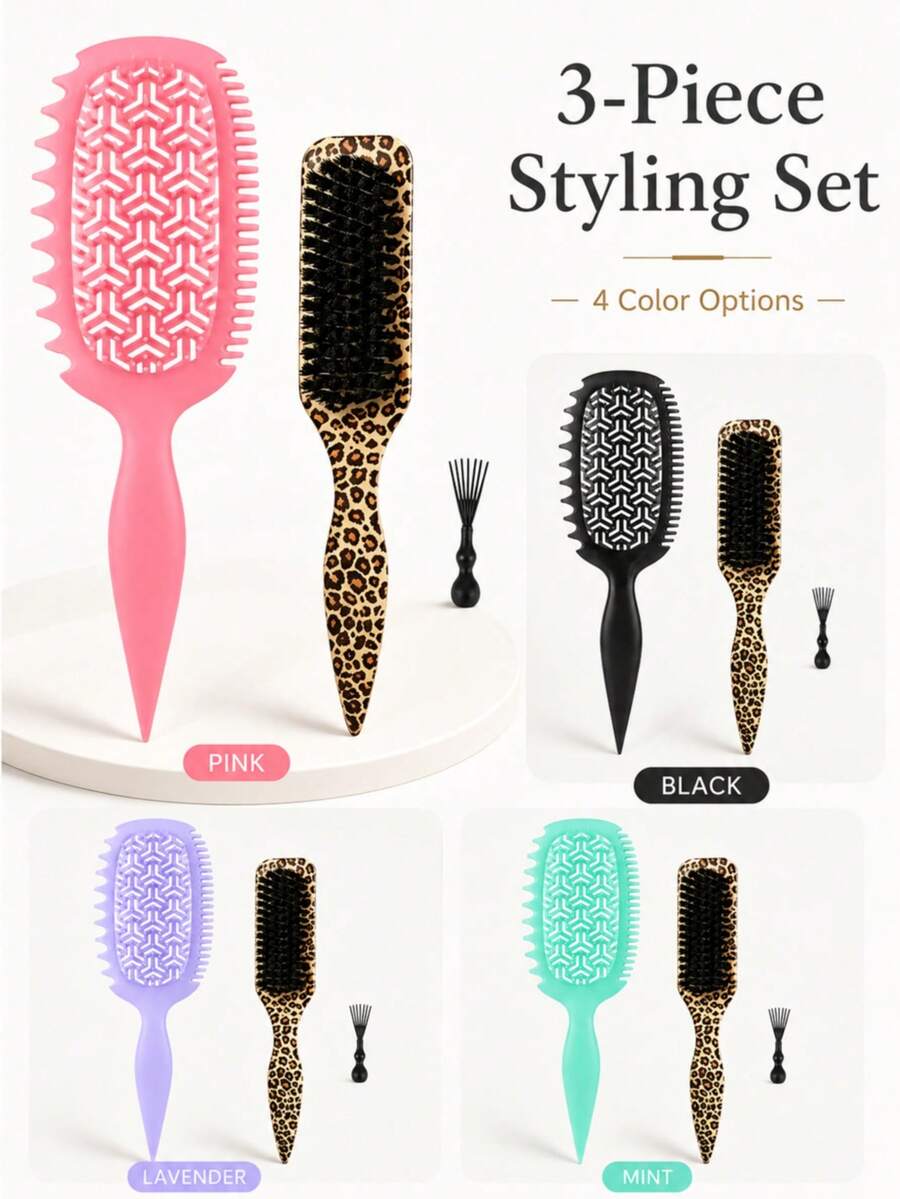 3PCS Hair Styling Brush Set, Curly Hair Detangling Brush, Wide Tooth Comb, Sectioning Tail Comb & Edge Brush Kit For Daily Hair Care, Wavy Curl Styling - Multi-color 3PC - View 1