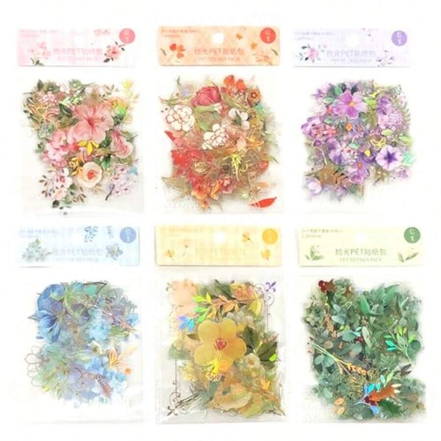 オーディオファン シール フレークシール 花 植物 フレーク 透明・箔押し・防水 DIY 手帳の飾り メモ用紙 ノート素材 日記装飾用品 6パック - マルチカラー - チェックする 1
