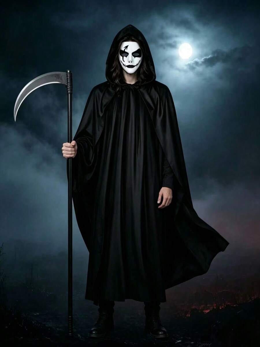 3-Piece Halloween Costume Set For Adults, White Scary Ghost Face Mask With Black Eye Makeup And Stitched Mouth, Black Hooded Cloak Robe And Grim Reaper Scythe Prop Weapon, Gothic Dark Grim Reaper Ghost Horror Cosplay Outfit, Suitable For Halloween Party, Cosplay, Costume Party, Theme Party, Stage Performance, Photo Shoot, Haunted House, Role Play, Prop Gift - Multicolor - View 1
