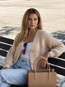 Women's Ribbed Knit Cardigan Sweater, Long Sleeve Button Front Casual Top For Fall Fashion - Khaki - View 1