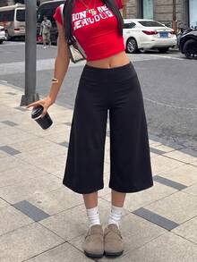 Women's Black High-Waist Tummy Control Wide Leg Capri Pants, Compression Shaping, Butt Lifting Design, Suitable For Yoga And Pilates - Black - View 3
