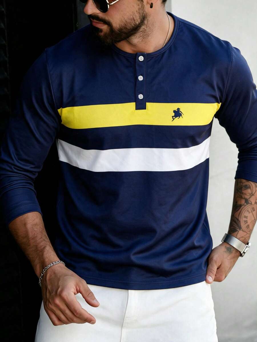 Men's Business Vintage Patchwork Striped Print Half-Button Long Sleeve T-Shirt - Multicolor - View 1