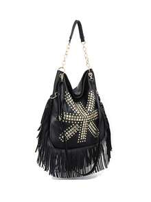 Tas Selempang Hobo Wanita, Bentuk Ember, Motif Geometris Bertabur Emas, Rumbai Kulit Imitasi, Pegangan Rantai, Tali Bahu yang Dapat Dilepas, Gaya Punk untuk Pesta dan Sehari-hari - Hitam - View 3