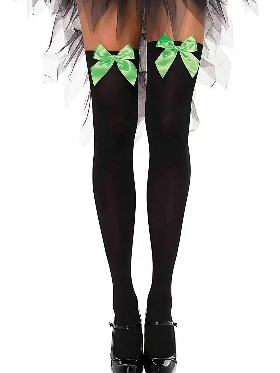 萬聖節純色蝴蝶結褲襪,聖誕裝飾,角色扮演服裝,派對穿搭 - 黑色 - 查看 1