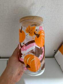 Vintage Autumn Theme Glass Straw Cup, Vibrant Pumpkin And Brown Maple Leaf Pattern, Pink Ribbon Floral Accents, Bamboo Lid, Large Capacity Iced Latte Juice Daily Beverage Cup - Multicolor - View 9