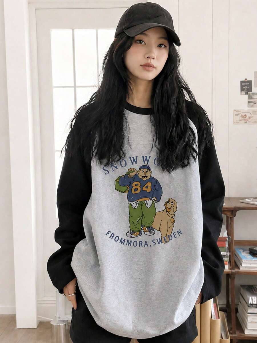 Women's Loose Casual Versatile Cartoon Character & Dog Print Contrast Color Raglan Sleeve T-Shirt - Grey - View 1