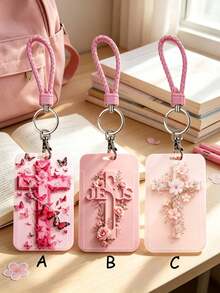 1pc Pink Floral Cross Butterfly Card Holder With Pink Braided Lanyard, Waterproof And Dirt-Resistant Protective Case For Student ID, Access Card, Bus Card, Prevents Bending And Wear, Suitable For School, Office, Daily Commute, Back To School Essential, Gift Option - Rectangle - View 8