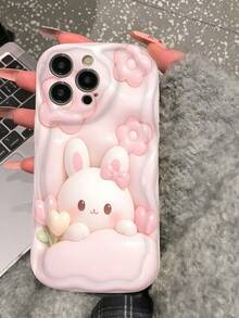 Clear Wavy Curved Edge Phone Case, Rabbit Design Purple Rhinestone Style 2D Embossed Floral Pattern, Transparent Shockproof Soft TPU Protective Cover With Raised Camera Lens Frame, Compatible With Apple 11, 12, 13, 14, 15, 16, 17 Pro Max, Designed For Girls And Women Coquette Aesthetic Raised Lens Protection Case Suitable For Galaxy, Honor, Phones - White - View 3