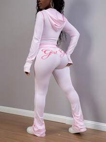 Autumn Street Style Women's 2-Piece Set, Long Sleeve Printed Top + Pants, Y2K Style Outfit Pink Elegant - Pink - View 5