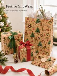 2 Sheets Vintage Christmas Gift Wrapping Paper, Teddy Bear Christmas Tree Pattern, Holiday Gift Wrapping Paper, Suitable For Christmas Party, Gift Box Packaging, Seasonal Decoration - Brown - View 4