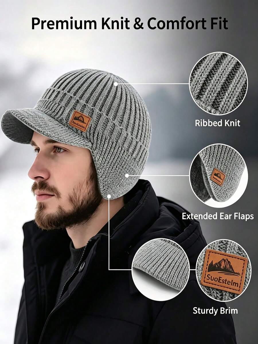 1PC Autumn/Winter New Thermal Lined Knit Hat With Brim And Ear Flaps, Unisex Warm Woolen Beanie Suitable For Daily, Outdoor, Travel And Cycling Wear - Multicolor - View 1