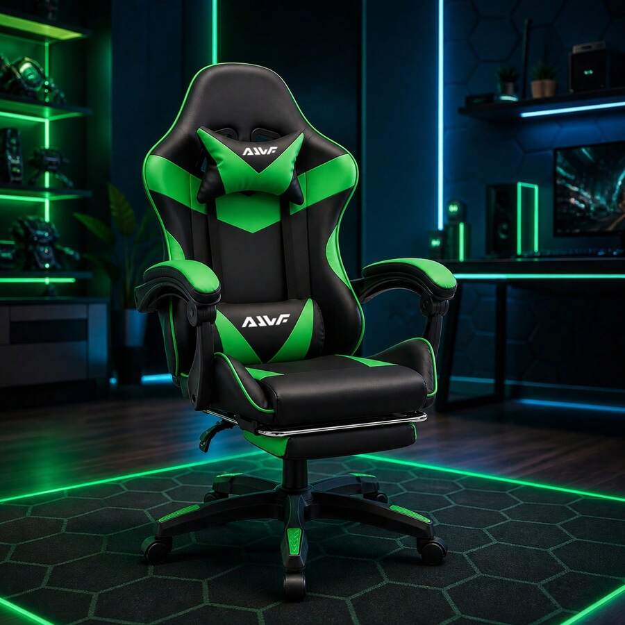 Gaming Chair Reinforced Backrest, Office Chair With Adjustable Footrest, Headrest And Lumbar Support, Comfortable For Entertainment And Office Use - Green - View 1