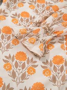 Acelitt Blus Kasual Gaya Bohemian Musim Semi/Panas, Kerah V, Motif Bunga Oranye, Lengan Panjang Ringan, Tenun, dengan Detail Kerut, Cocok untuk Pakaian Luar Sehari-hari - Jeruk - View 9