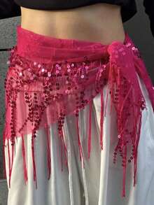 1pc New Jazz Dance Street Dance Waist Chain Hip Scarf Accessory, Sequin Triangle Scarf Tassel Waist Belt, Multi-Functional Waist Wrap - Hot Pink - View 2