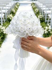 1pc White Artificial Rose Bridal Bouquet, Rhinestone PE Flower Bouquet With Pearl Lace Trim And Long Satin Ribbon, Wedding Handheld Bouquet - White - View 1