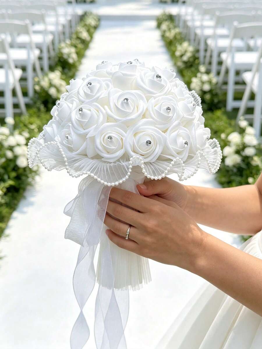 1pc White Artificial Rose Bridal Bouquet, Rhinestone PE Flower Bouquet With Pearl Lace Trim And Long Satin Ribbon, Wedding Handheld Bouquet - White - View 1