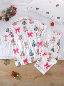 2pcs/Set Christmas Women's Pajama Set, Santa Claus Christmas Tree Cartoon Bear Print Pattern, 2-Piece Women's Short Sleeve Pajama Set, Lapel Short Sleeve Cardigan And Long Pants Set, Suitable For All Seasons, Home Wear, Comfortable And Loose - White - View 10