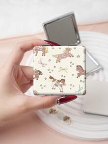 1PC Ins Animal Series Portable Vanity Mirror, Foldable Lightweight Ultra-Thin Convenient Hand Mirror, Durable PU Leather, Suitable For Multiple Scenarios And All People, Foldable Small Square Mirror, Portable Pocket Mirror, Cartoon Bow, Star, Pony, Cherry, Bear Pattern Design, Exquisite Delicate Structure, Reliable And Drop-Resistant, Easy To Carry, Handheld Makeup Mirror, 180° Flip Cover, Multi-Functional - Multicolor - View 5