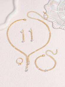 Set Perhiasan Kalung Desain Geometris 5pcs/Set, Cocok untuk Wanita dalam Perjalanan Sehari-hari, Pesta Perjamuan, Perhiasan Elegan dan Mewah - Emas - View 4