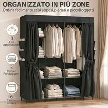 Space-Saving Fabric Wardrobe With 3 Hanging Rods, 3 Shelves, 6 Side Pockets, Dustproof Zippered Doors, Black. - Black - View 7