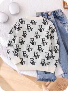Boys' & Teens' All-Over Letter Print Crew Neck Sweater, Spring/Autumn Black & White Contrast Knit Pullover, Versatile Inner Layer Top For Big Kids - White - View 4