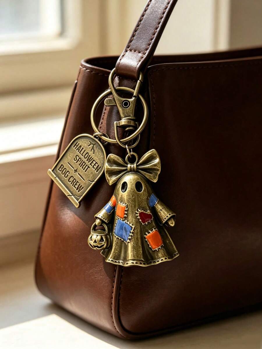 1 Pc Halloween Retro Ghost Keychain, Retro Metal Skull Tombstone Pumpkin Decor, Autumn Spooky Handbag Hanging Decor Gift, Bag Hanging Keychain - Multicolor - View 1