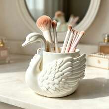 Coquette Aesthetic 3D Embossed Swan Makeup Brush Holder, Graceful Wing‑Sculpted Desktop Storage Cup, Multi‑Purpose Vanity Pen Organizer, Girly Dorm Table Decor Accessory - Multicolor - View 2