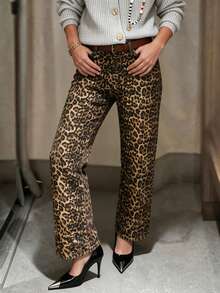 Celana Jeans Denim Wanita Kasual Motif Leopard Model Lurus Pinggang Tinggi Terbaru Musim Gugur/Dingin - Kuning - View 6