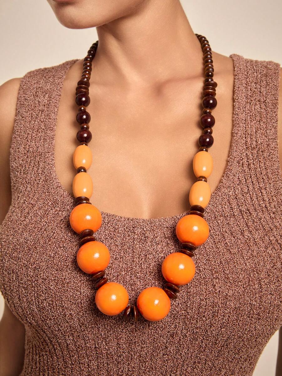 Altistry Handmade Bohemian Style Wooden Bead Long Necklace - Orange - View 1
