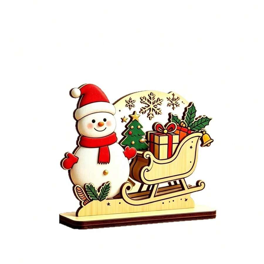 Christmas 3D Wooden Ornament Sleigh Base Cartoon Christmas Character Desktop Decoration Gift - A - View 1
