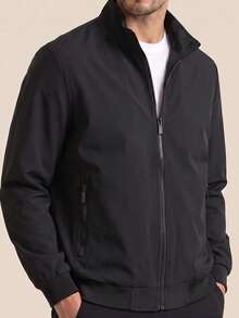 AHTELB Men's Spring/Autumn Stand Collar Jacket, Solid Color Minimalist Zipper Jacket, Basic Daily Sports Black Jacket - Black - View 5