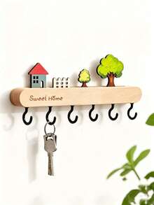 1pcsNordic‑Style Wooden Wall‑Mounted Hook Rack, Long Strip Rectangular Shape, Wall Hanging Storage Function, Entryway Key Holder, Wall Coat Hanger For Hallway Living Room Household Daily Organizing - Multicolor - View 14